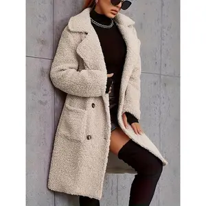 Women's Winter Lamb Fur Mid-Length Coat, Ladies Double-Breasted Outerwear, Casual Loose-Fitting Jacket, Plain Pattern,