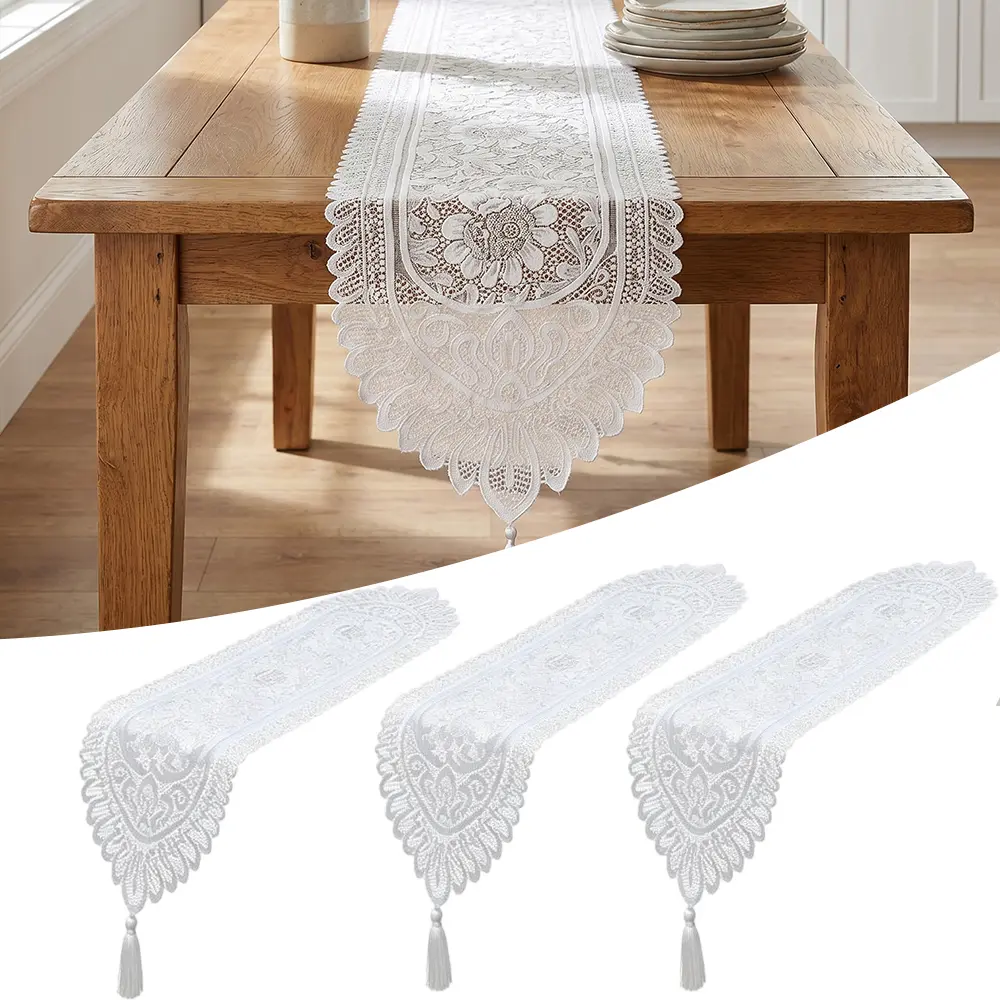 Pack of 3 Cotton Crochet Lace Rectangular Table Runner Dresser Scarf Doilies for Wedding Party Home Dining Runner Decorations (White Style, 13" X 48.03")