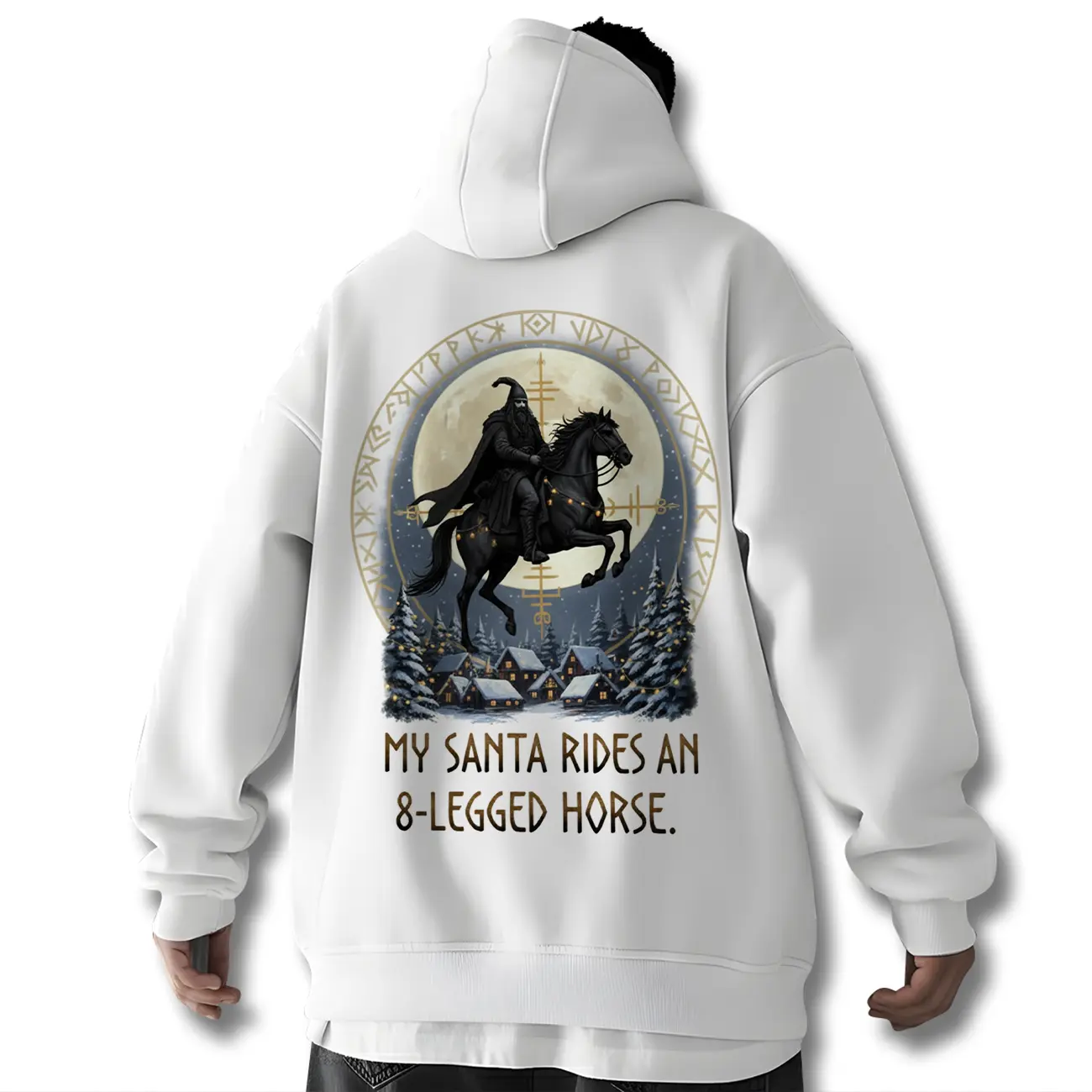 Limited Retro Vintage Norse Odin Sleipnir My Santa Rides An 8 Legged Horse Graphic Hoodie Oversized Unisex Streetwear Hooded Sweatshirt for Men Women Viking Christmas Mythology Funny Holiday Design