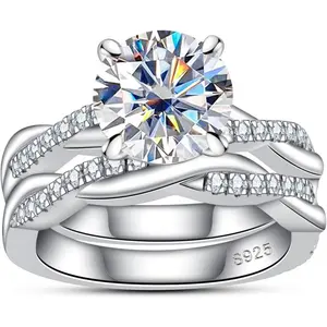 Round Cut Moissanite Wedding Rings Sets  Bridal Set D Color VVS1 925 Sterling Silver Twisted Vine Engagement Promise Anniversary  princess cut ring halorings