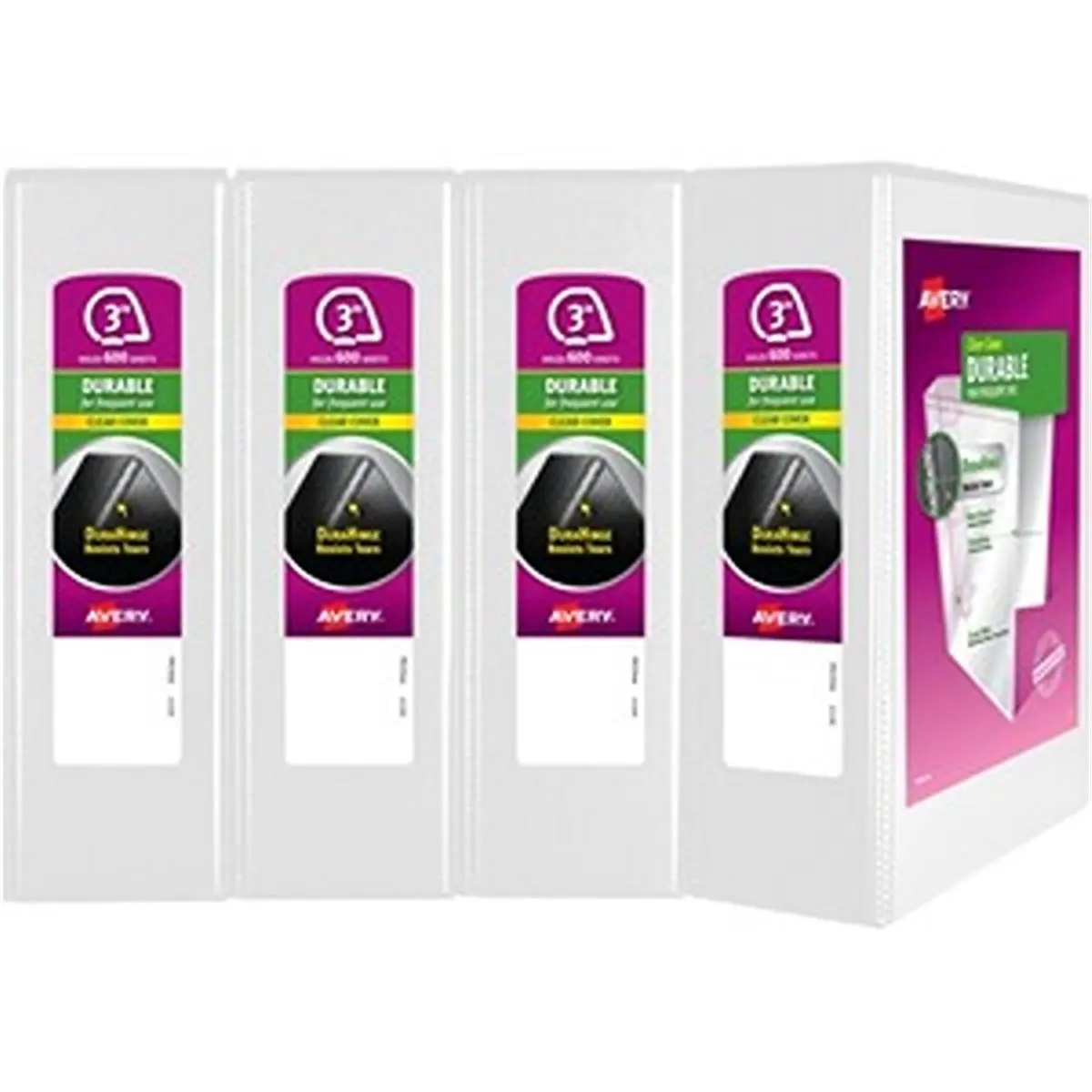 Avery AVE17030 3-Ring Letter Size Binders, 3 in. Durable View with Deep-Texture Film, Duraedge Feature, Durahinge Design, 2 Interior Pockets - White, Pack of 4 for Organized Notes, Securing Loose Papers, Letter Size Binder