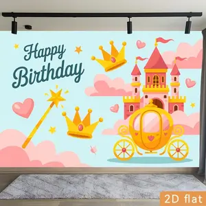 2D Flat Banner 1pc, Party Banners Pink Fairy Tale Castle Carriage Crown Magic Wand Hearts Happy Birthday Text Polyester Backdrop Event Decorationhome Room Courtyard Farm Garden Photography Live Streaming Wedding Club G