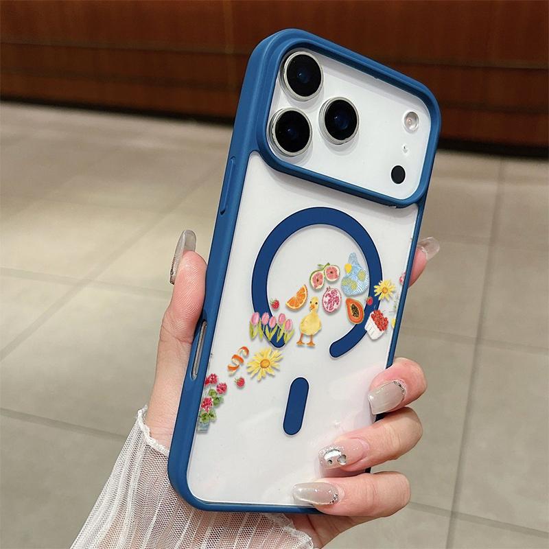 Adorable Duck Surrounded By Colorful Fruits Phone Case Featuring A Soft Tpu Back With Built-In Strong Magnet Ring, Blending Smooth Macaron Texture With Secure Magsafe Compatibility For iPhone 17 16 15 14 13 12 11 X XS