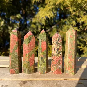 Natural Polished Unakite Jasper Tower Point Healing Reiki Chakra Specimen Hexagonal Obelisk Grounding Stone Home Decoration Epidot