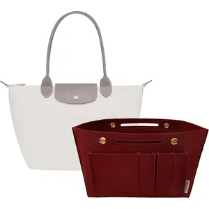 Purse Organizer Insert for Long champ Felt Organizer Insert with Zipper Handbag Insert Tote Shaper Storage Bag Burgundy M