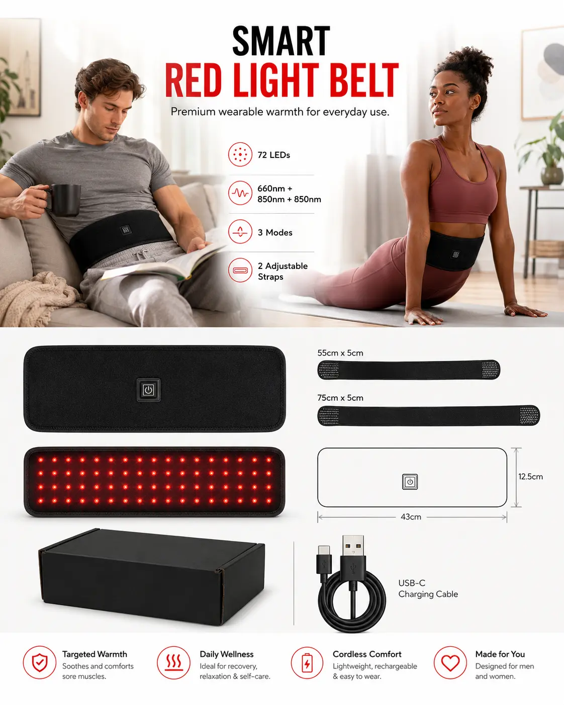 Red Light Waist Wrap, 3 Comfort Modes, 72 Tri-Chip LEDs, Adjustable Straps, 30-Min Auto Off