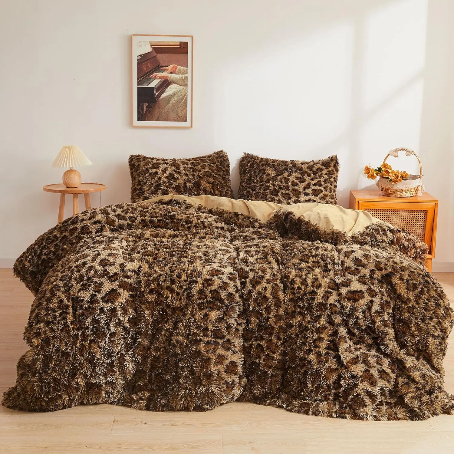 Print Fluffy Faux  Duvet Cover Set, 3 count Soft Plush Shaggy Fuzzy Bedding Set(1 Faux  Leopard Print Comforter Cover + 2 Furry Pillowcases), Zipper Closure(, Brown)