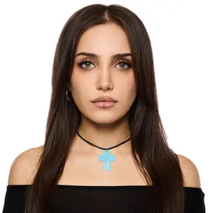 HeavenSent Dolly Cross Necklace | Blue + Pink Polka Dot Acrylic Cross Choker Necklace