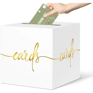 White Card Box with Gold Foil Design, Paperboard 8.7" Card Box for Birthday Wedding Party Graduation Retirement Anniversary Valentine's Day & Baby Showers, Raffle or Money Box