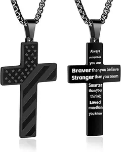 American Flag Cross Necklace for Men. Father's Day Cross Necklace Gifts for Husband Dad Grandpa Son. Graduation Birthday Gifts. Stainless Steel Bible Verse Flag Pendant Necklaces