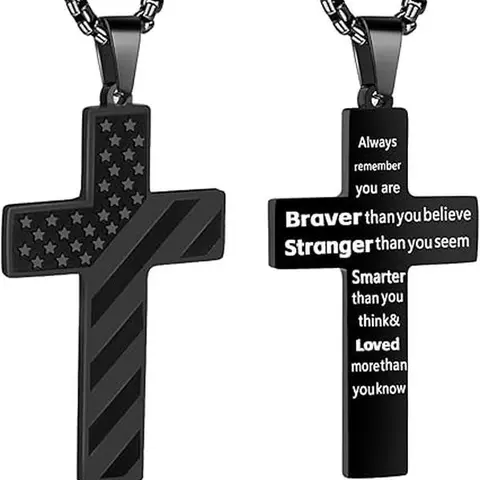 Stainless Steel American Flag Cross Necklace for Men - Bible Verse Pendant Costume Jewelry, Guys Gifts for Boyfriend Birthday, Men's Jewelry for Adults