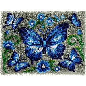 Blue Butterfly Latch Hook Kit for Adults Beginners, Pre-Printed Latch Hook Rug Kit, DIY Carpet Making Set for Home Wall Hanging Art Decoration 20x15 Inch