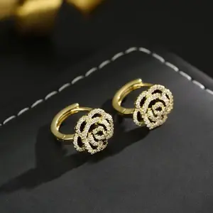 Chic Camellia Earrings for Women, Rose-Inspired Full-Inlaid Earrings, Elegant and Sophisticated, Dainty Design DZEH5058