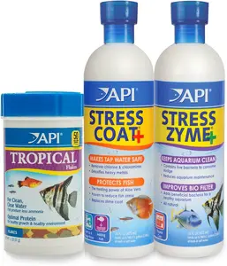 API Aquarium Water Treatment & Trop. Fish Food: Stress Coat 16 Oz, Stress Zyme 16 Oz, Tropical Flakes 1.1 Oz