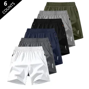 Men’s athletic shorts, pack of 6 — breathable stretch fabric, lightweight with moisture-wicking performance; elastic drawstring waist and side zip pockets; suitable for running, gym workouts, and beach basketball—fitness wear that keeps you comfortable du