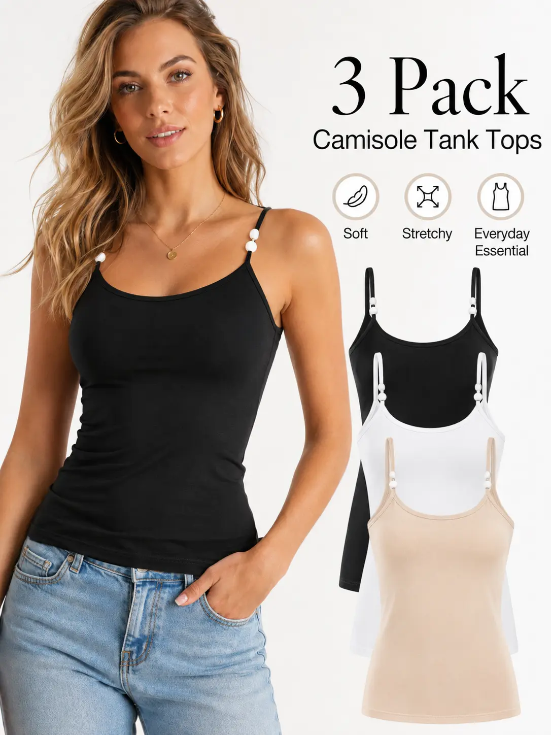 【Free Shipping】Women’s Pearl Strap Camisole Tank Top, Soft Stretchy Spaghetti Strap Cami Tops for Women, Elegant Slim Fit Summer Tops, Cute Basic Layering Shirts, Smooth Comfortable Sleeveless Shirts for Casual Daily Wear, Date Night Outfit, Y2K Fashion