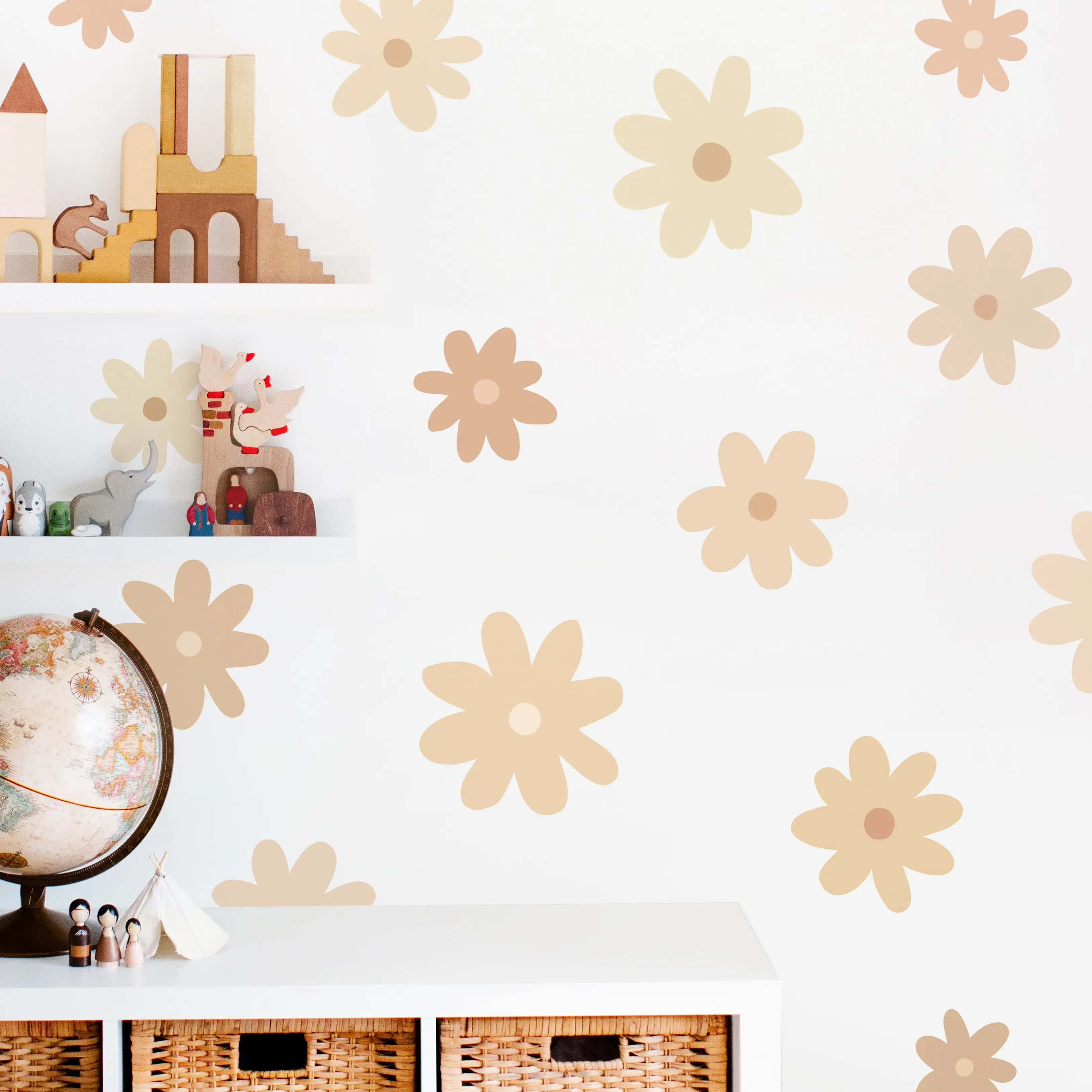Beige Daisy Wall Decals - Removable & Reusable Fabric Wall Stickers