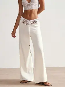 Women's Hollow Out Waist Belted Wide Leg Pants, Elegant Vacation Wear, Loose Fit, Stylish and Comfortable, Perfect for Casual