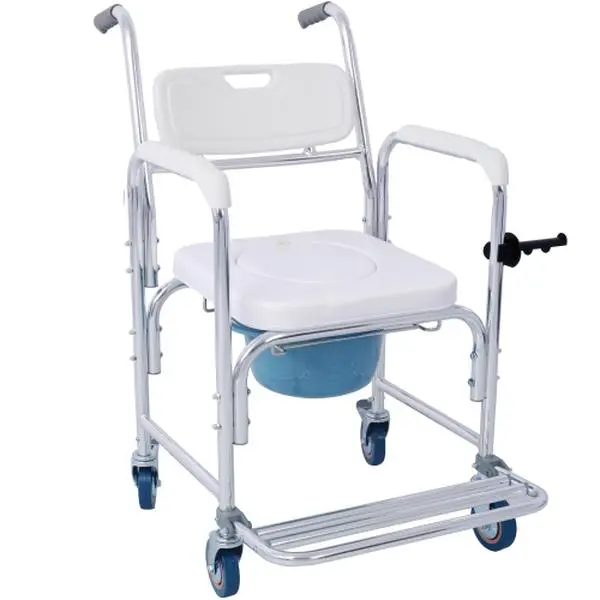 4-in-1 Bedside Commode Chair with Wheels, Supports up to 350 lbs, Waterproof Leather Surface, High-Resilience Foam Seat/Backrest, Flip-up Footrest, Detachable 5L Bucket, Raised Toilet Seat, Shower Wheelchair for Seniors, Daily Care & Odor-free Environment