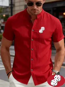 Men's casual stand up collar wrinkled shirt with heart-shaped dice pattern print, made of lightweight and breathable fabric, suitable for urban streets, beach vacations, casual parties, and daily commuting for adult men