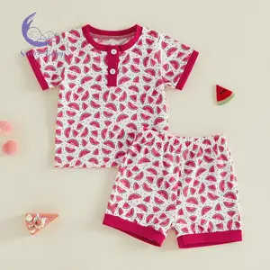 Toddler Baby Summer Outfit Watermelon Print Short Sleeve Crew Neck T Shirt Shorts 2 Piece Set