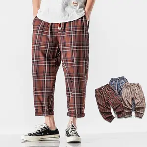 Men's Pants New Loose Straight Plaid Pants Men's Harem Pants Chinese Style Cotton Linen Plus Size Casual Pants Trouser Checked