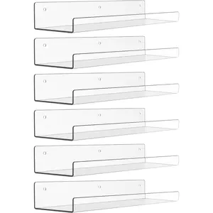 Clear Acrylic Shelves for Wall Storage, 15" Floating Shelves Wall Mounted, Kids Bookshelf, Display Ledge for Bedroom, Living Room, Bathroom,, Set of 6