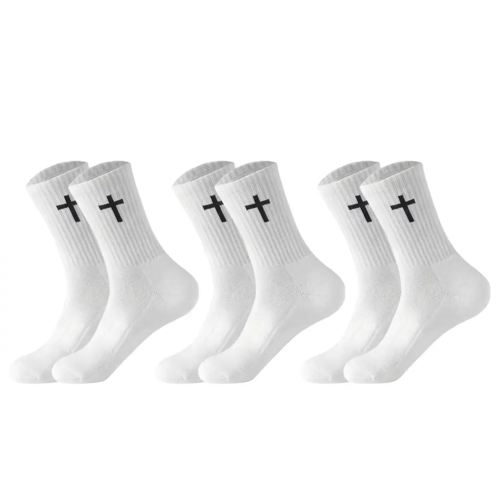 Biahyda Unisex Black & White Nylon Crew Socks - Simple Cross Print, Mid-Calf, Breathable, Stretchable for Sports, Daily Wear