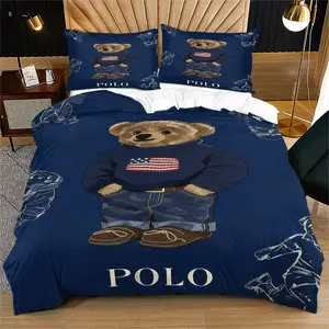 Bear Duvet Cover Set, 2/3-Piece (1 Duvet Cover + 1-2 Pillowcases,No Pillow Inserts or Comforter Included) Soft Microfiber Bedroom Bedding Set, Classic Navy Blue Design, Perfect Gift for Preppy Style Lovers