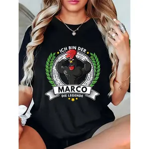 Unisex Black T - Shirt with Muscular Black Rooster (Red Comb) & Bold German Text "Ich Bin Der Marco Die Legende" - Ideal for Casual Wear, Parties & Daily Styling