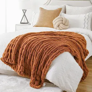 BATTILO Orange Faux Fur Throw Blanket, Double Side Ruched Reversible Blanket for Bed,  50x60 Inches