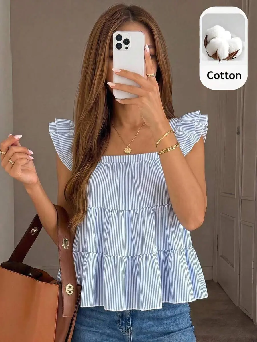Teen Girl Teen Girls Blue And White Fresh Woven Yarn-Dyed Striped Casual Vacation Umbrella Hem Multi-Layered Doll Style Tank Top, Casual Outfit, Summer Wear