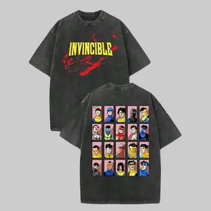 Men's Vintage Heavyweight Cotton Graphic T-Shirt - Invincible Omni Man Mark Grayson Blood Splatter Grid Print, Acid Wash Oversized Round Neck Apparel, Classic Menswear Fabric, Gym Pump Cover Streetwear Top