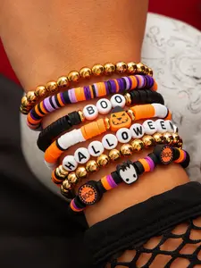 A seven piece Halloween pumpkin soft pottery bracelet with punk gothic style layered letter jewelry, suitable for daily wear, vacation and dating occasions, and is also a surprising and exquisite small gift.