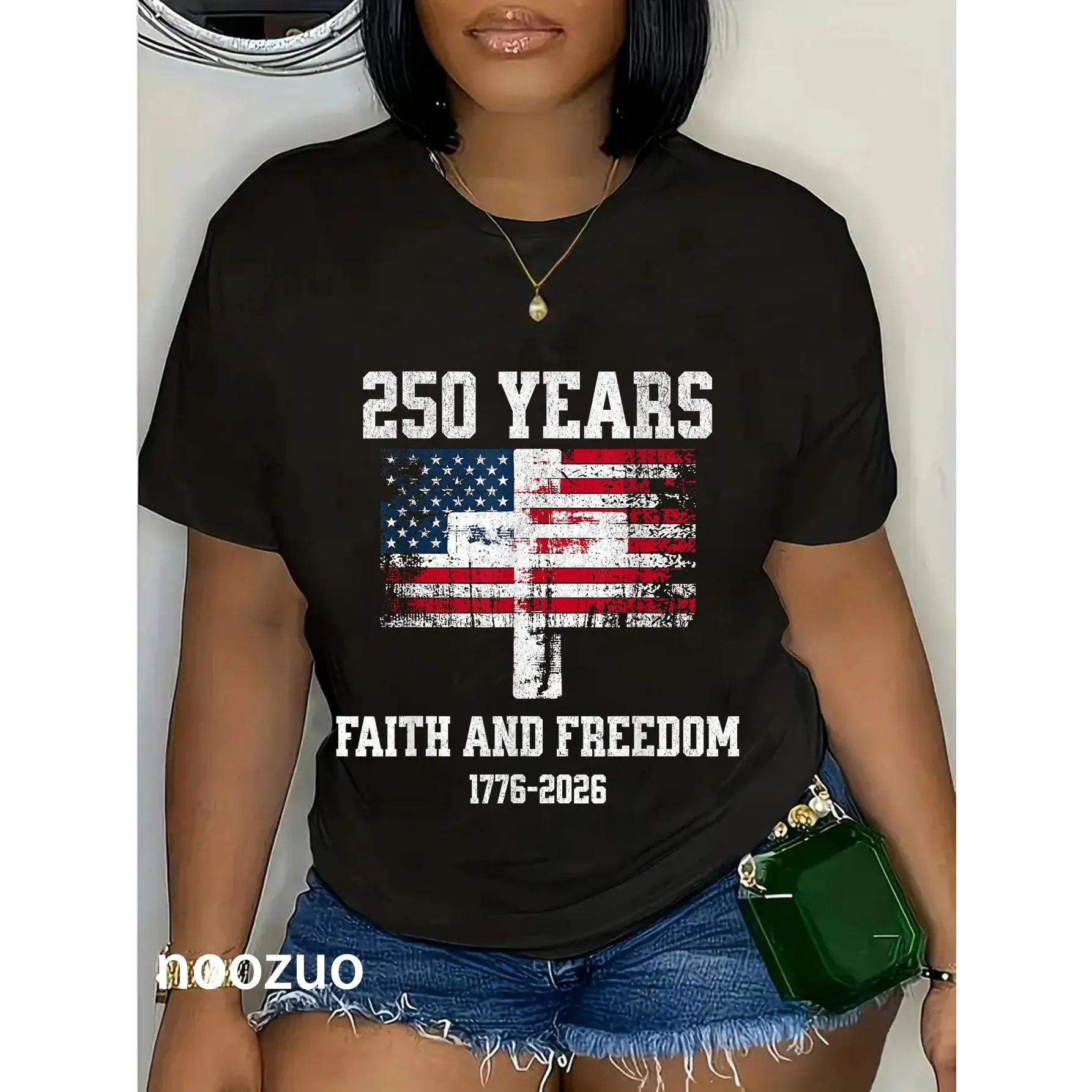 Women's 100% Cotton Crew Neck Graphic Casual T-Shirt - 250 Years USA Flag Cross Faith & Freedom Design, Fashion All-Seasons Top
