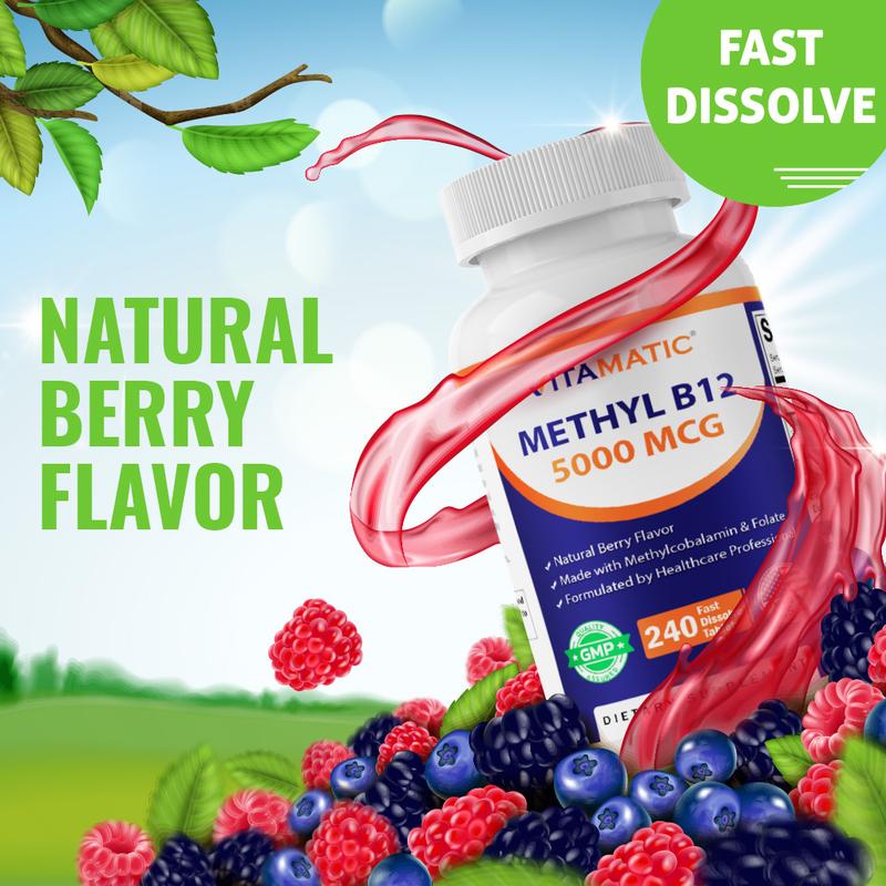 Vitamatic Methyl B12 5000 mcg - Natural Berry Flavor - 240 Fast Dissolve Tablets - Methylcobalamin & Folic Acid for Energy & Nervous System Support - Healthcare Vitamin Supplement - Dietary