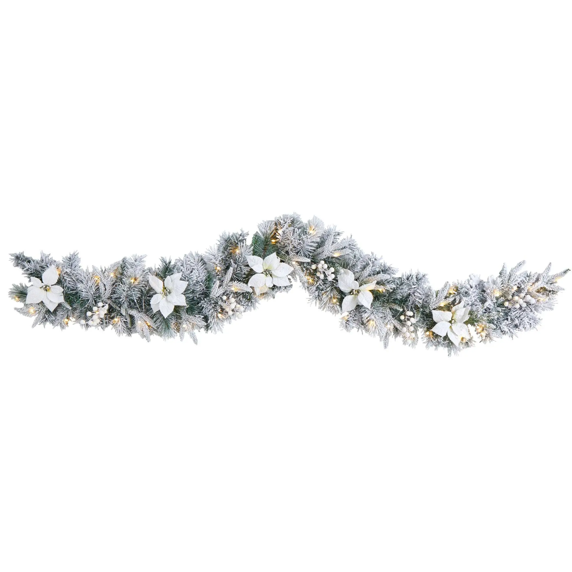 Traditional Artificial Christmas Garland, 6ft & 9ft Long Flocked Poinsettia-Berry Decor, 50 Warm White LED Lights, Festive Home Decoration for Counter, Mantle