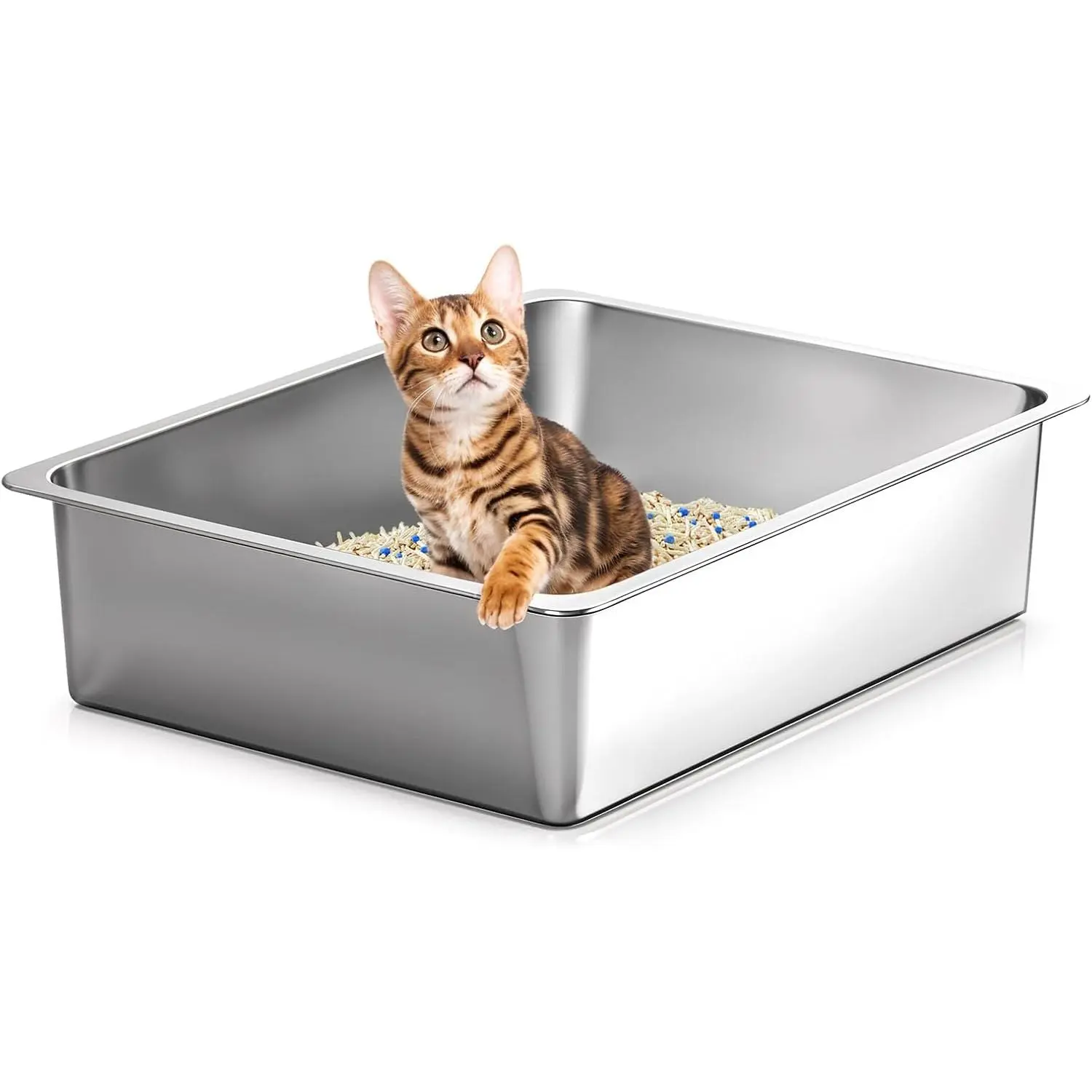 Kirecoo Premium Stainless Steel Odorless Litter Box - High-Sided, Non-Stick, Easy-Clean Litter Tray for Cats, Odorless Litter Boxes