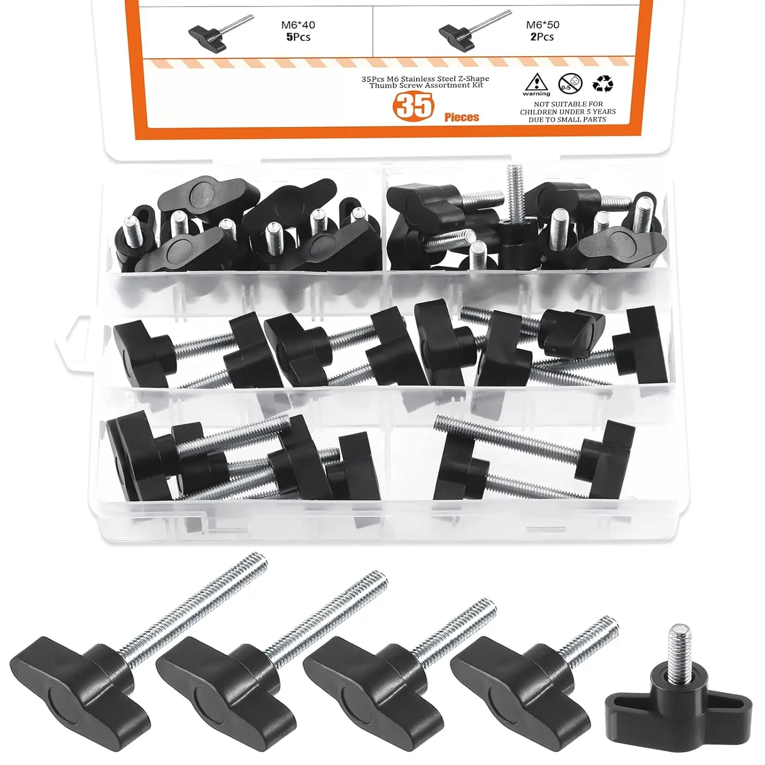 35-Pcs M6 Thumb Screws Wing Knob Bolts Assortment Kit (5 Sizes, 1.0mm/0.03" Clean Thread) - Black Plastic Handle Burr-Free Surface Fasteners for Lathes, Mechanical Equipment, Quick Hand-Tightening Removal & Replacement
