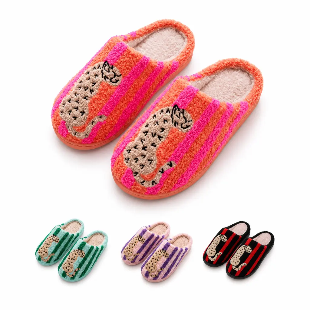 Women's Retro Striped & Leopard Pattern Fuzzy Closed Toe Slippers, Super Soft Fluffy Lined Warm Fabric, Anti-Slip Quiet Sole Cozy Indoor Bedroom Plush Slippers, Winter Home Shoes, Perfect Holiday Gift for Ladies, Leopard Print Slippers