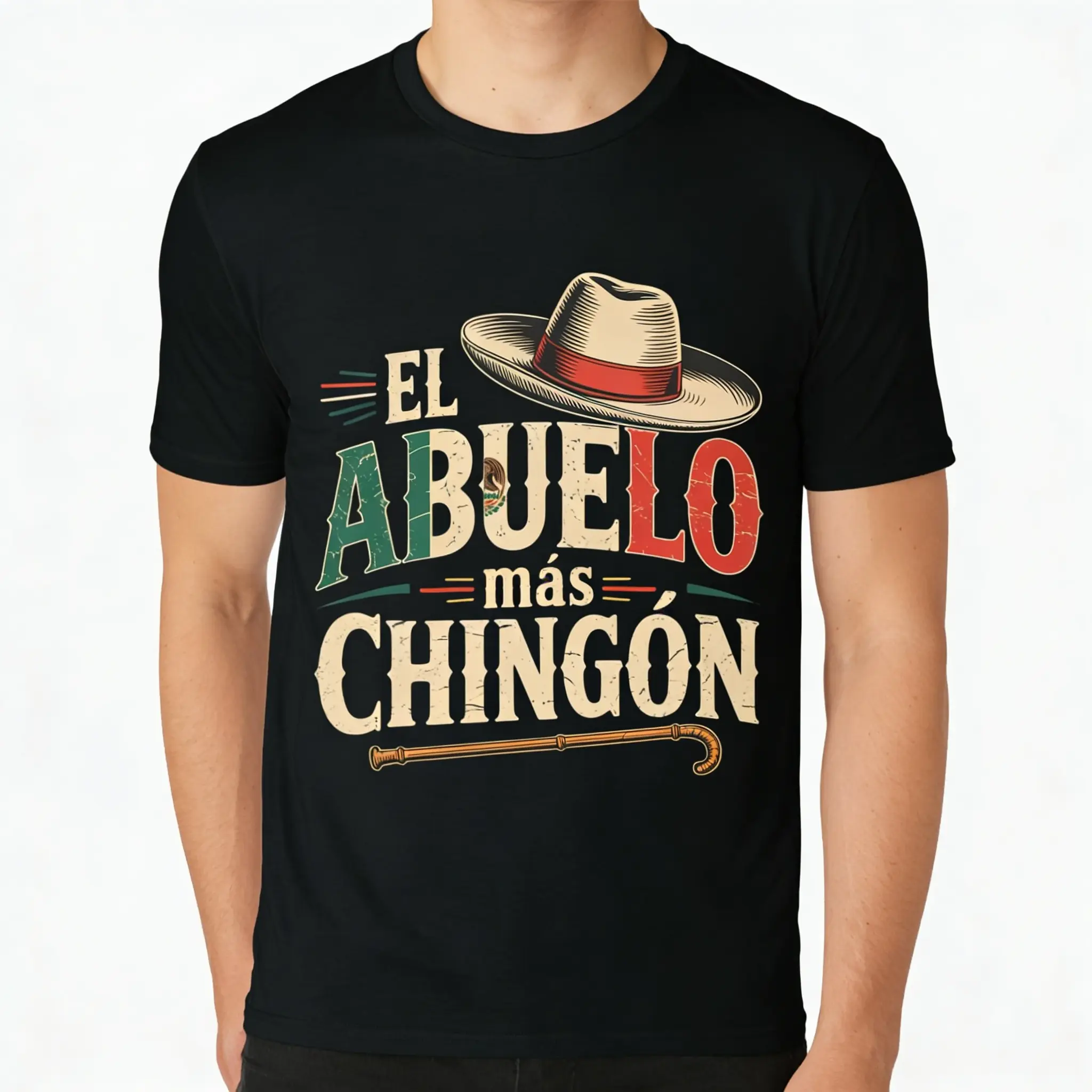 Menswear 100% Cotton Funny "El Abuelo Mas Chingon" Best Mexican Dad T-Shirt - Mens Top, Short Sleeve, Round Neck, Simple Classic Fitted Casual Graphic Summer Tee, Shortsleeve