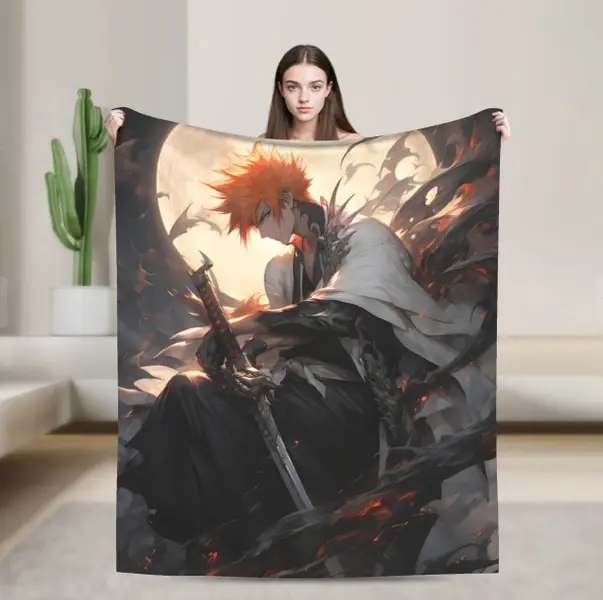 Ichigo Kurosaki Flannel Throw Blanket, Full Moon Zangetsu Sword Anime Print Blanket, Kurosaki Ichigo Fan Merch Blanket, Shonen Anime Decor Blanket, Gift For Bleach Manga Fans