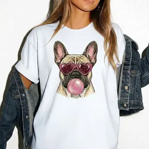 Adorable Frenchie Blowing Bubble Gum Shirt - Retro Heart Glasses Dog Graphic Tee - Soft Cotton Casual Wear