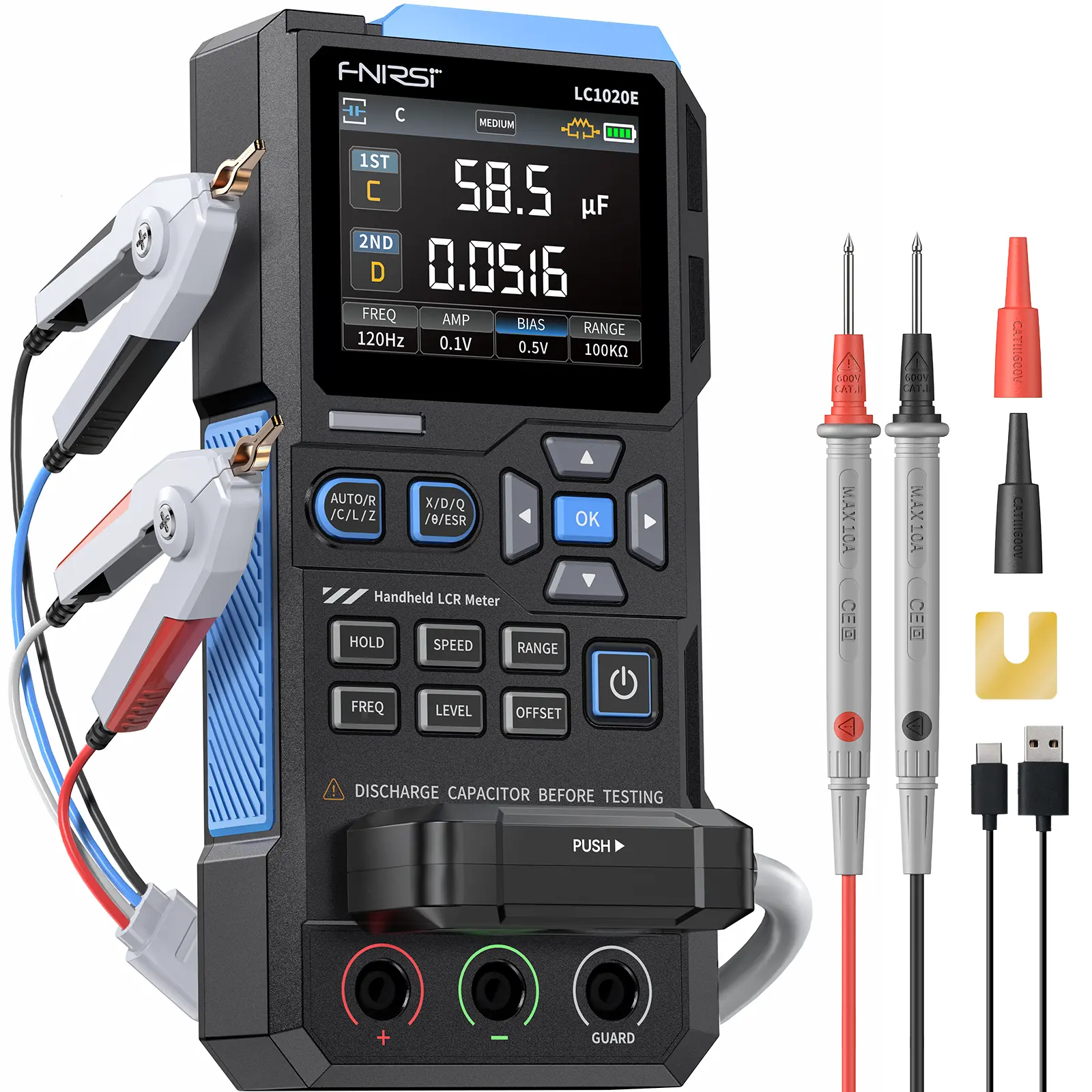 FNIRSI LC1020E 100kHz LCR Meter 19999 Counts Resistor Inductor Capacitor Tester Auto Component Detect Measures ESR Q D θ X 2.8 Color TFT Dual Parameter Display Sorting & Open Short Calibration