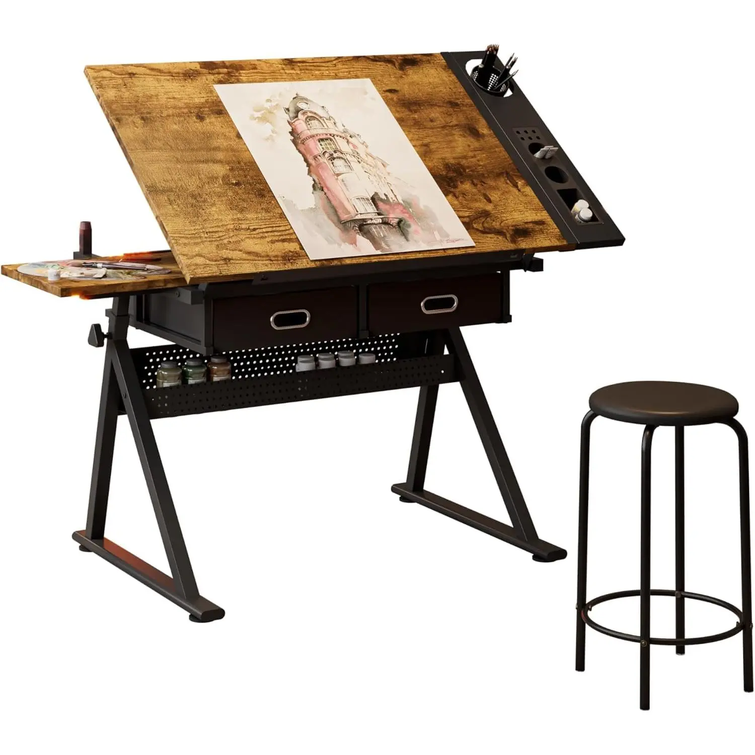Height-Adjustable Drafting Table with 0-75° Tilting Top, Stool & 2 Drawers for Drawing, Crafts and Writing, Brown