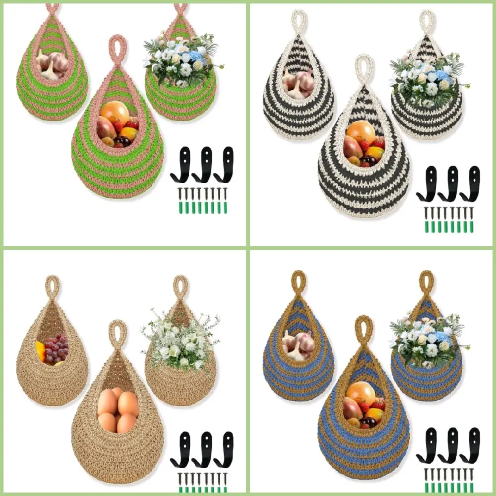 3pk Hanging Fruit Basket for Kitchen, 3 Pack Hanging Wall Basket with 3 Hooks, Boho Hanging Baskets, Hanging Kitchen Baskets for Fruits, Vegetables and Onion Storage, Black and White