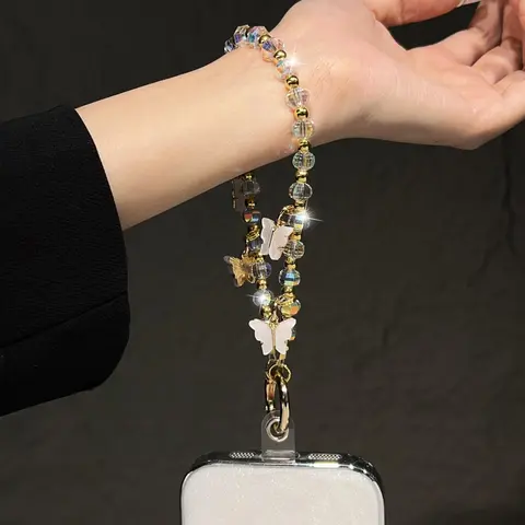 Butterfly Design Phone Chain, Short Phone Lanyard, Handmade Beaded Wrist Strap, Anti-lost Phone Charm, Cell Phone Charm, Fashion Phone Accessories for Women & Girls