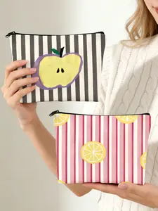 Summer Fruit Series Cosmetic Bag, Retro Striped Design, Lemon Slice Pattern, Portable Zipper Pouch, Perfect for Travel and Daily Use