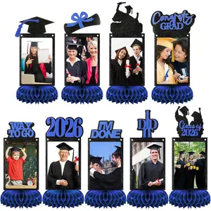 9 Pcs Class of 2026 Graduation Decorations Glitter Congrats Grad Honeycomb Table Centerpieces Photo Toppers Congratulate Graduation Party Decor Favor Supplies (Blue)
