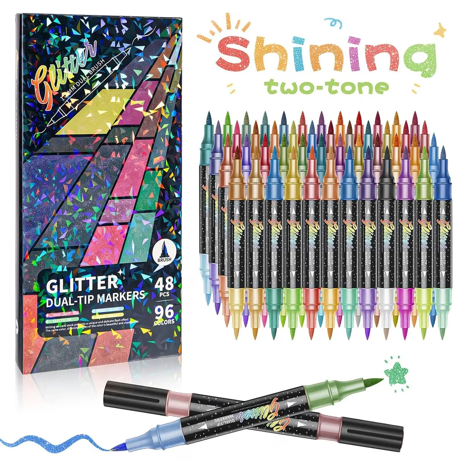 24/48/72/96 Color Double-Tip Glitter Marker | Metallic Glitter Fine Tip Watercolor Pen, Coloring Markers, Art Supplies, suitable for handcrafting, greeting cards, birthday cards, mugs, wooden decorations, sketching and professional artistic purposes